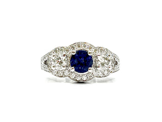 Anillo de oro blanco de 14 quilates con zafiro azul auténtico de 1,00 quilates y diamante de 0,94 quilates, tamaño 6,5
