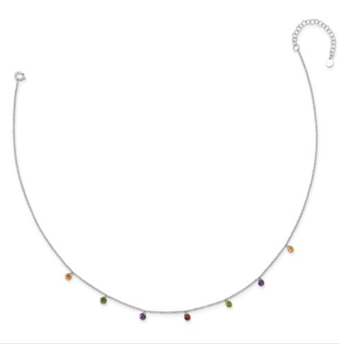Sterling Silver Rhodium Plated 16 inch Dangling Colorful CZ Necklace with 2 inch Extender