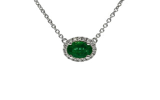 18K White Gold  Oval Cut Emerald and Diamond Halo Necklace, 16-18"