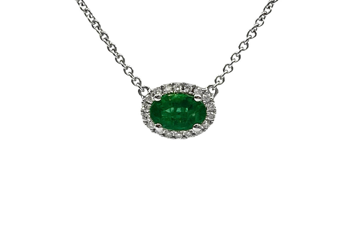 18K White Gold  Oval Cut Emerald and Diamond Halo Necklace, 16-18&quot;
