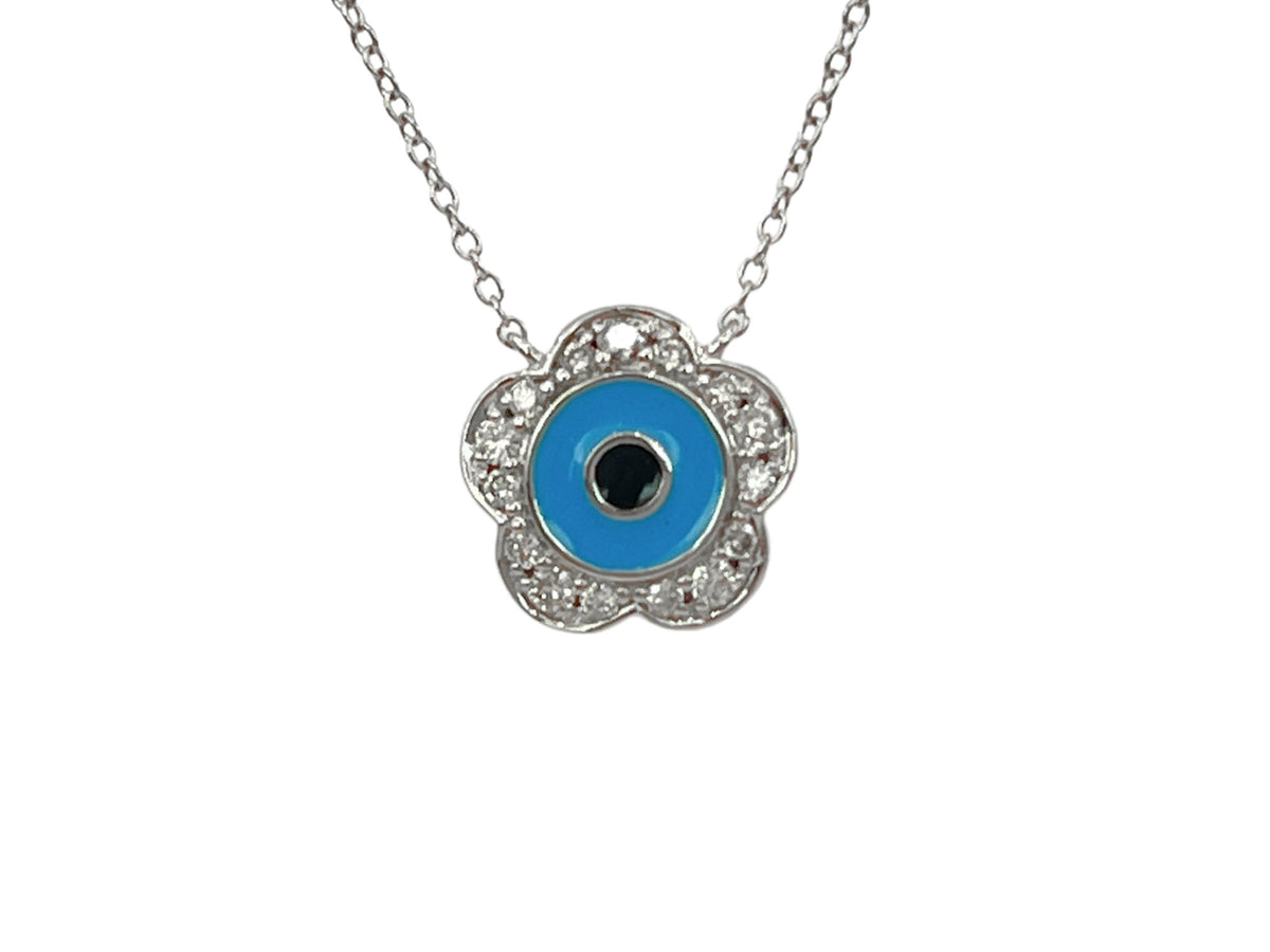 10K White Gold Blue Enamel and Diamond Necklace, 18&quot;