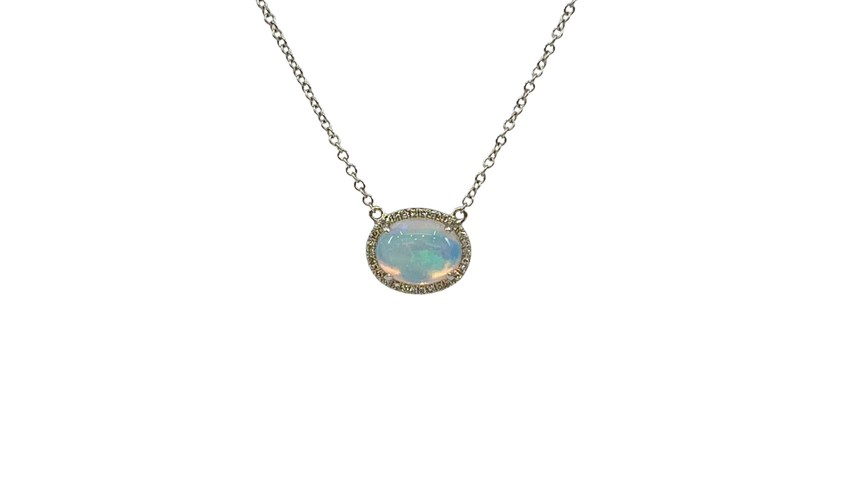 14K White Gold 1.02cttw Opal and 0.07cttw Diamond Halo Necklace, 18 Inches