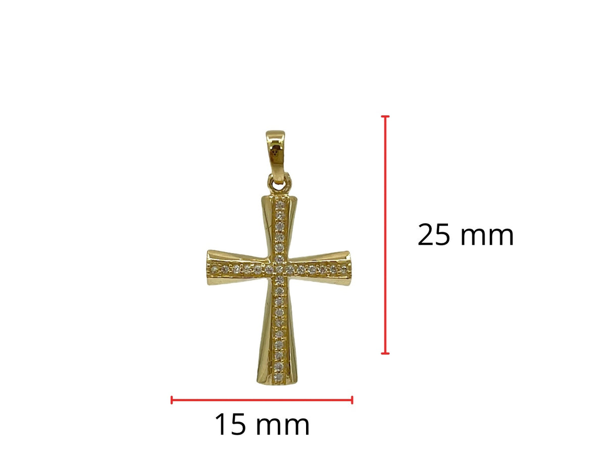 Cruz de circonio cúbico de oro amarillo de 10 quilates - 25 mm x 15 mm