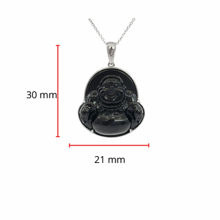 10K White Gold 20mm Dyed Black Jade Buddha Pendant - 18"