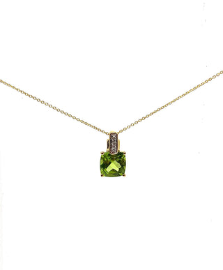 10K Yellow Gold 7mm Cushion Cut Peridot and 0.026cttw Diamond Pendant, 18"