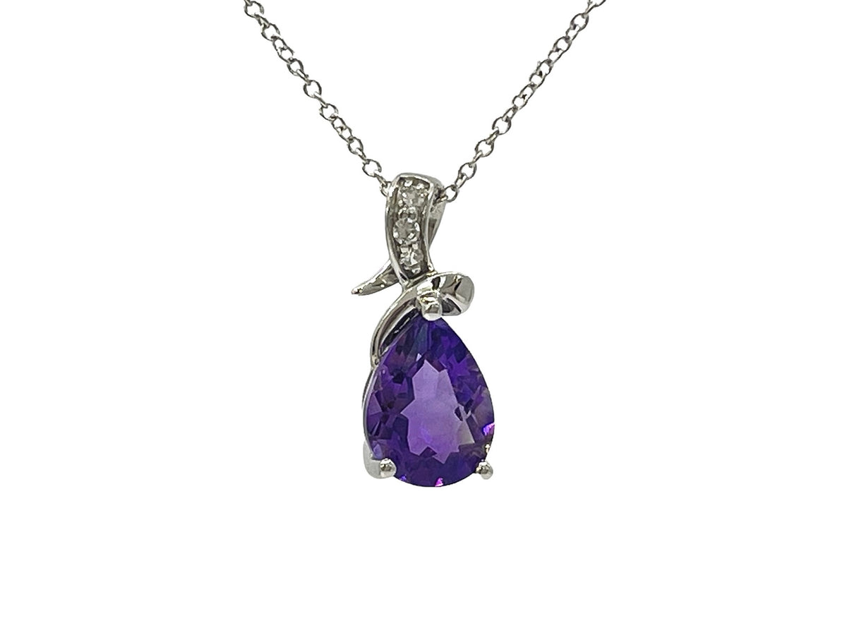 10K White Gold Amethyst and Diamond Necklace, 18&quot;