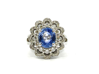 Anillo de oro blanco de 14 quilates con zafiro auténtico de 3,03 quilates y diamante de 0,30 quilates, talla 6,5