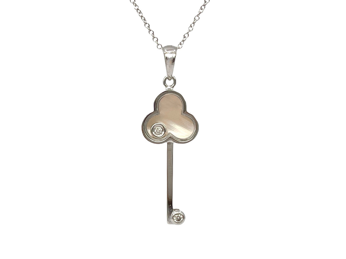 10K White Gold Mother of Pearl and Diamond Key Pendant