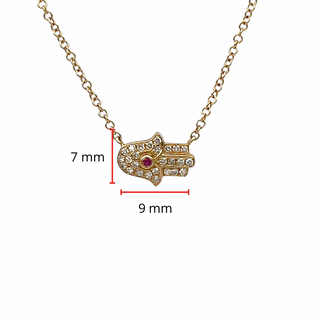 Colgante Hamsa de diamantes y rubíes en oro amarillo de 14 quilates, 18"