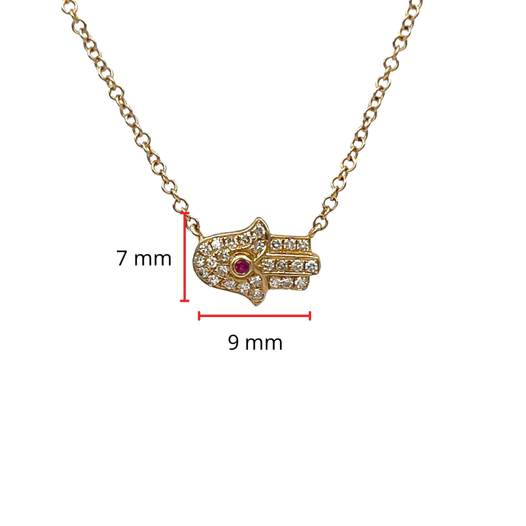 14K Yellow Gold Ruby and Diamond Hamsa Pendant, 18”