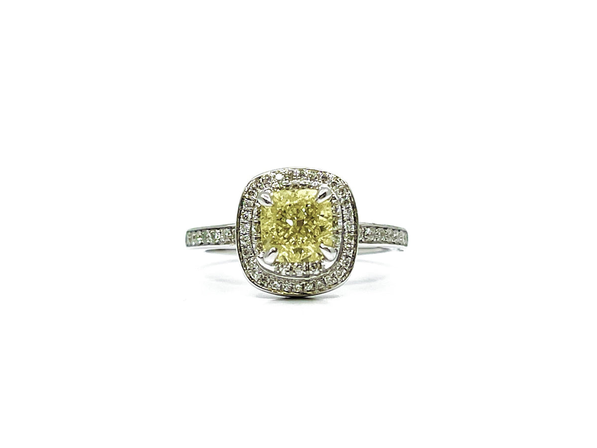 14K White Gold 1.33cttw Fancy Yellow and White Diamond Halo Engagement Ring, size 6