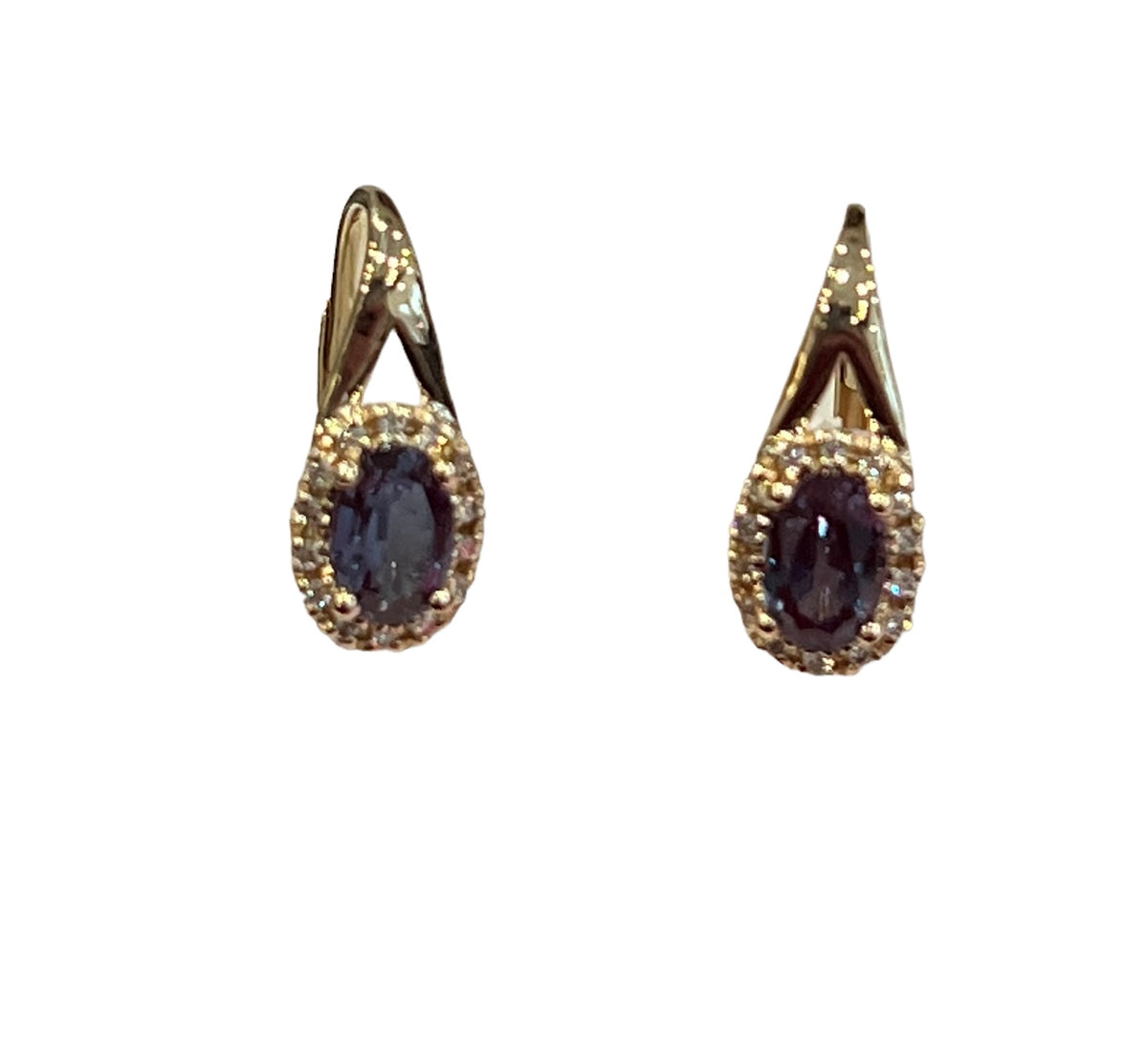10K Yellow Gold 6x4mm Oval Cut Created Alexandrite and 0.11cttw Diamond Halo Earrings with Leverbacks