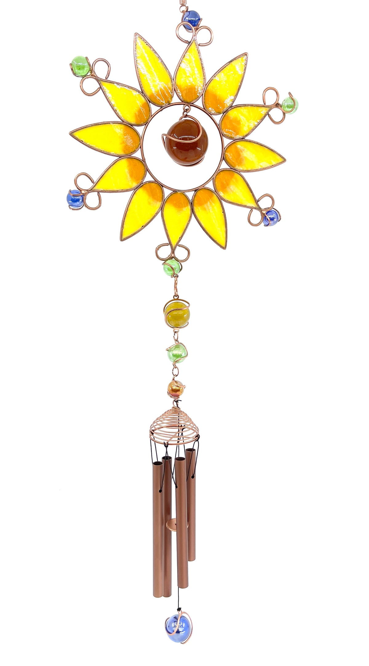 Copper Windchimes Sunflower Design with Glass Beads