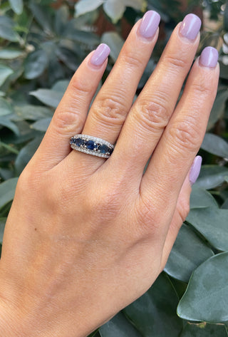 Anillo de diamantes y zafiros en oro blanco de 10 quilates - Talla 6