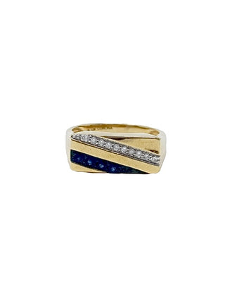 Anillo de oro amarillo de 10 quilates con zafiro y diamantes de 0,10 quilates
