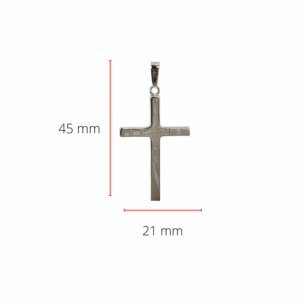 Dije de cruz hueca de plata de ley 925 de 40 mm x 21 mm con &quot;JESUS&quot; grabado