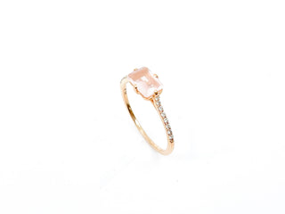 Anillo de oro rosa de 10 quilates, cuarzo rosa auténtico de 7 x 5 mm y diamante de 0,11 quilates, tamaño 6,5