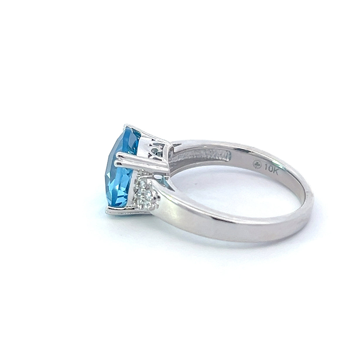 10K White Gold  9mm Blue Topaz and 0.10cttw Diamond Ring - Size 6