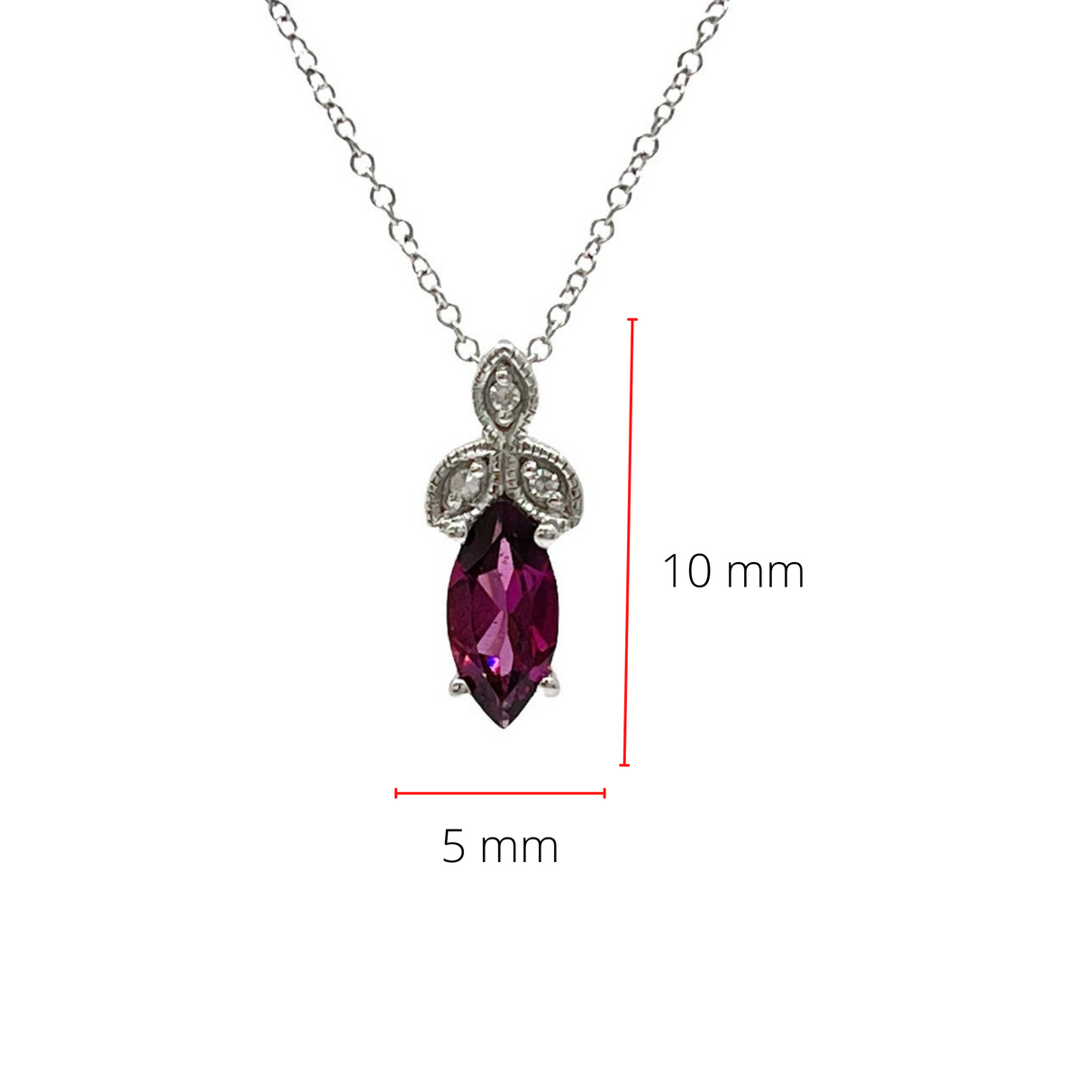 10K White Gold 8mm x 4mm Rhodalite Garnet and 0.02cttw Diamond Pendant with Rolo Chain - 18 Inches