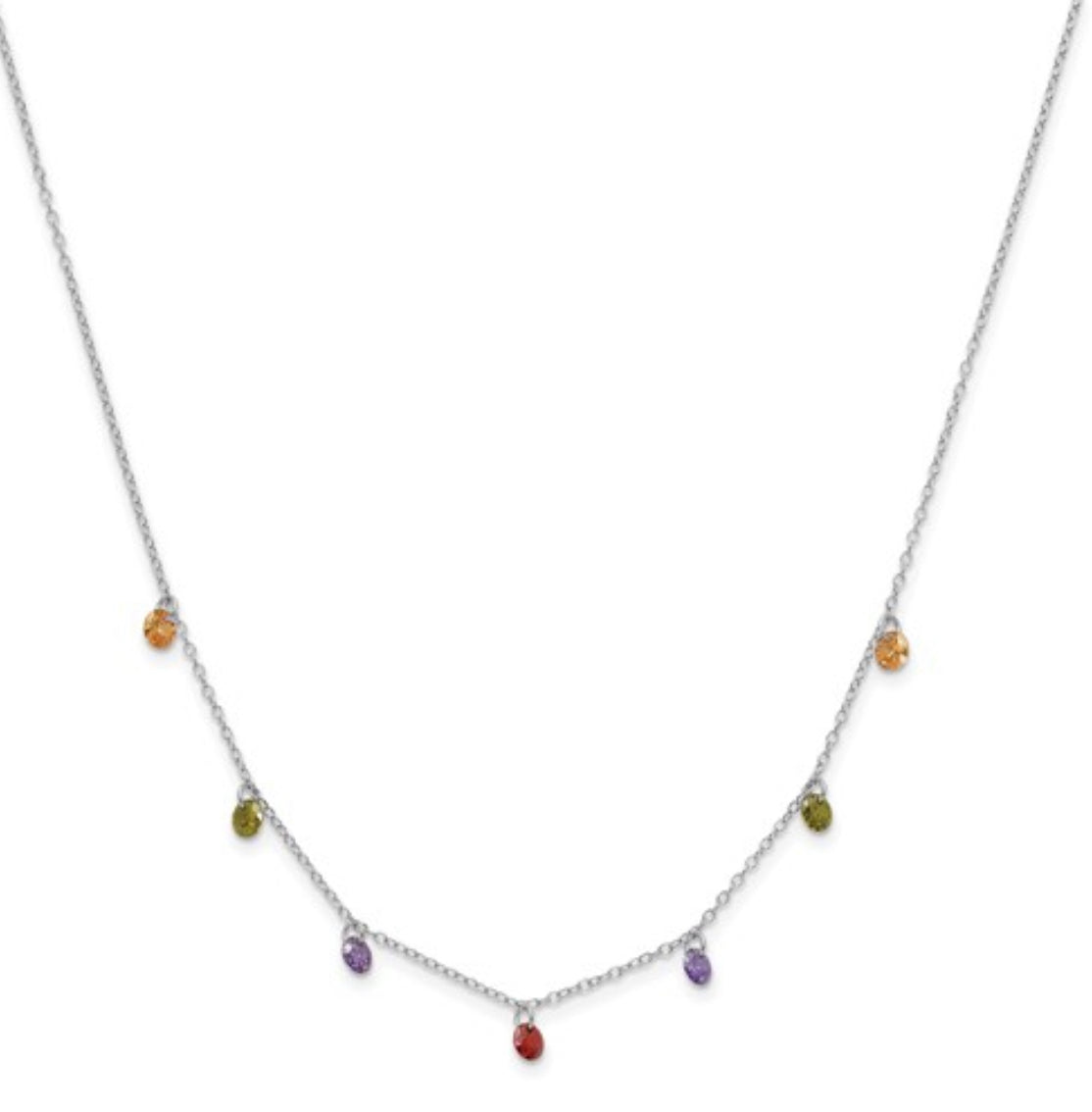 Sterling Silver Rhodium Plated 16 inch Dangling Colorful CZ Necklace with 2 inch Extender