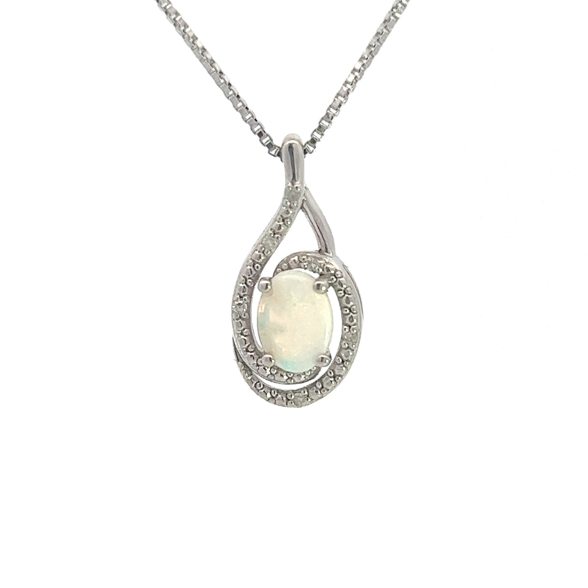 925 Sterling Silver 7x5mm Opal and 0.03cttw Diamond Necklace - 18&quot;