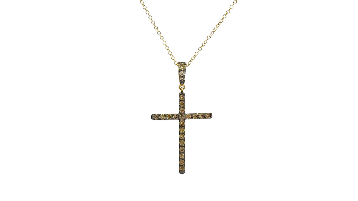 10K Yellow Gold 0.21cttw Chocolate &amp; White Diamond Cross Pendant, 18&quot;