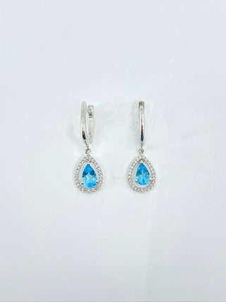 10K White Gold Genuine Blue Topaz & Diamond Earrings