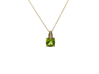 10K Yellow Gold 7mm Cushion Cut Peridot and 0.026cttw Diamond Pendant, 18"
