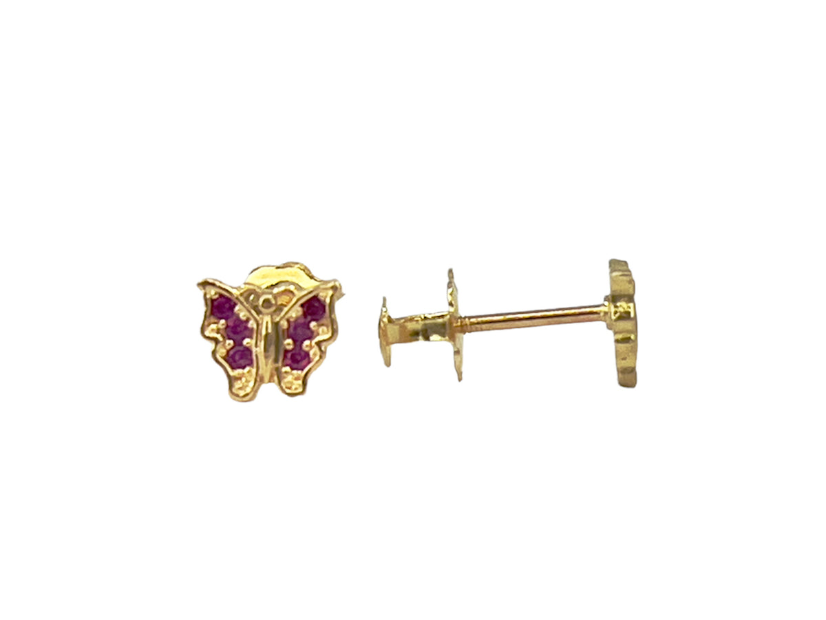 10K Yellow Gold Pink Cubic Zirconia Butterfly Stud Earrings with Screw Backs - 4.6 x 5.6mm