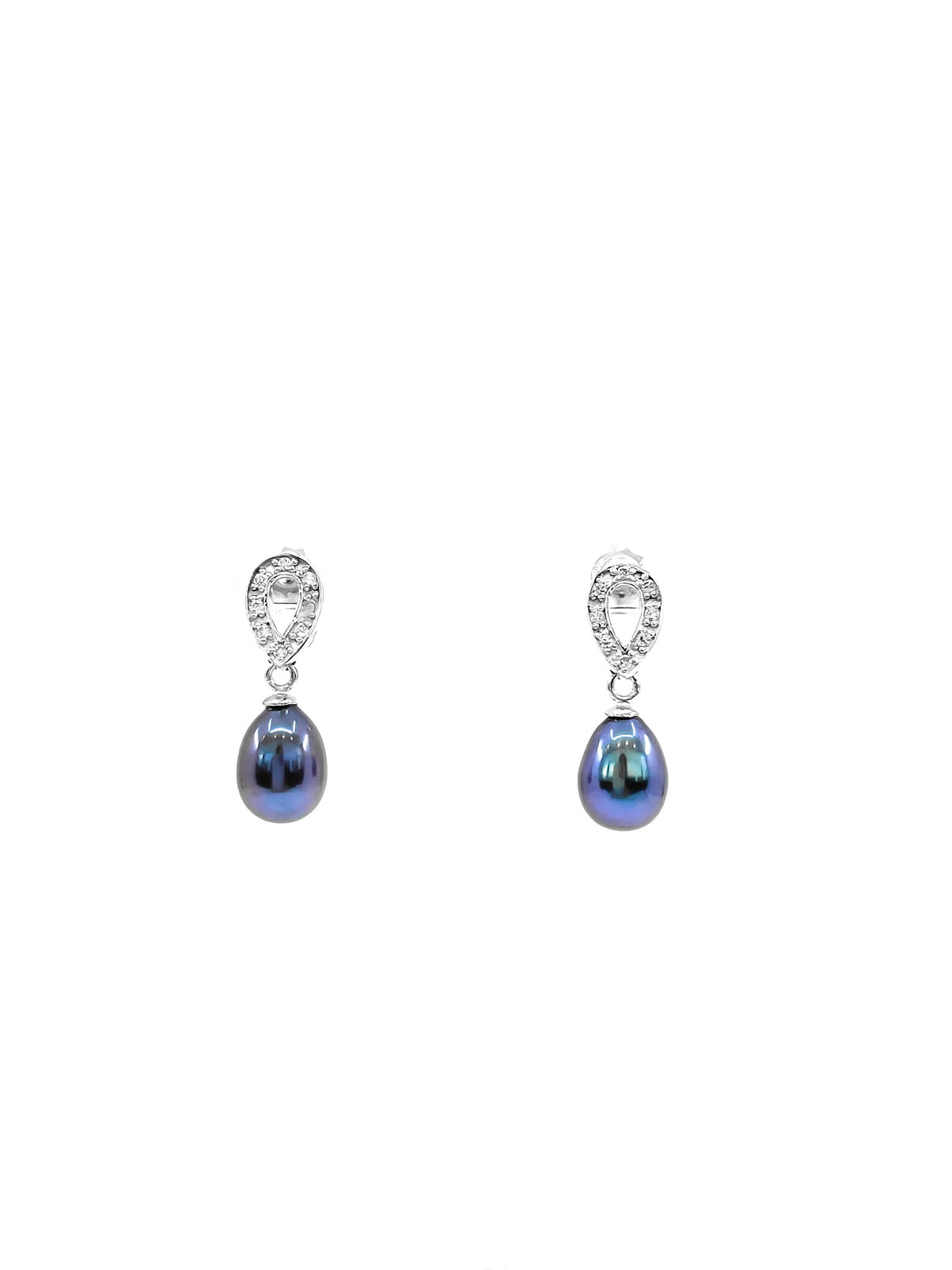 Fresh Water Black Pearl Silver &amp; Cubic Zirconia Earrings