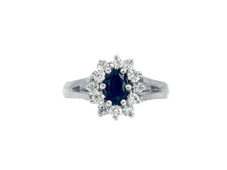 Anillo de oro blanco de 14 quilates con zafiro auténtico de talla ovalada de 0,60 quilates y diamante de 0,40 quilates, tamaño 6,5