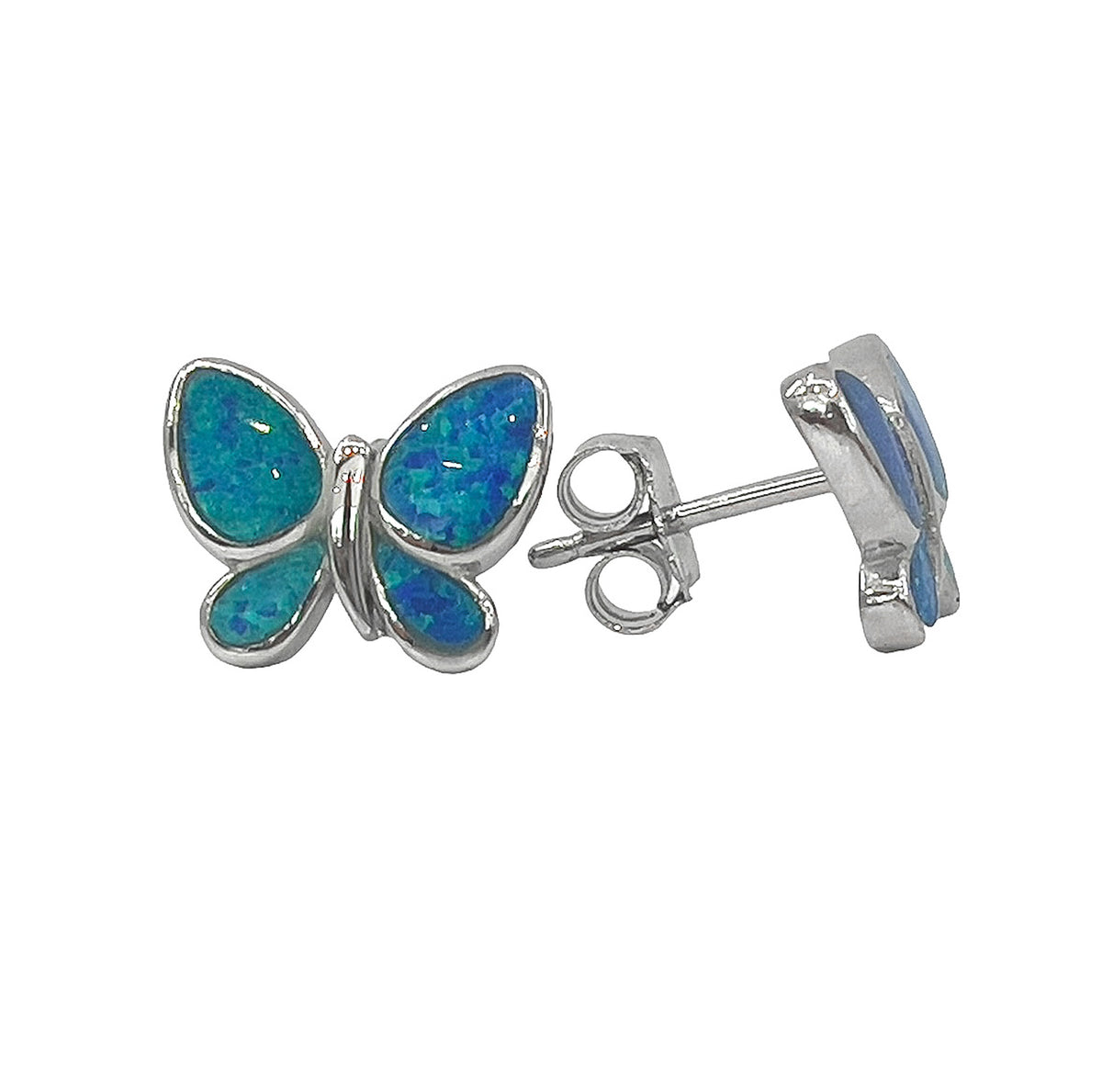 925 Sterling Silver Rhodium Plated Created Opal Butterfly Stud Earrings with Butterfly Backs