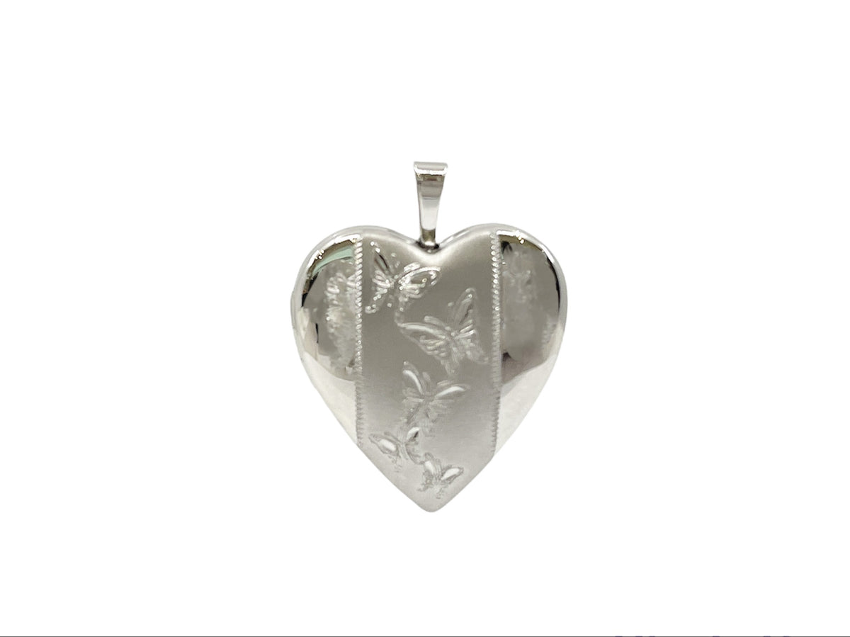 Medallón en forma de corazón con mariposas grabadas en plata de ley 925 - 19 mm x 21 mm