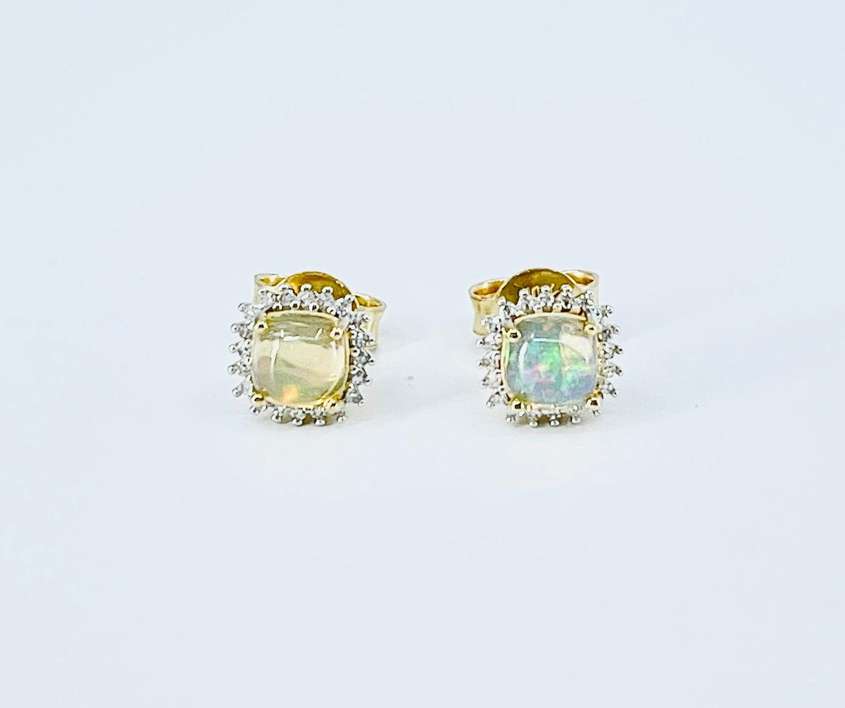 10K Yellow Gold Genuine Opal &amp; Diamond Earrings