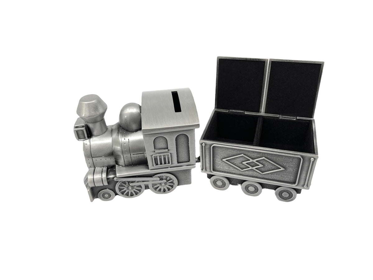 Pewter Engraveable Train Money Bank with First Curl and First Tooth Train Cars