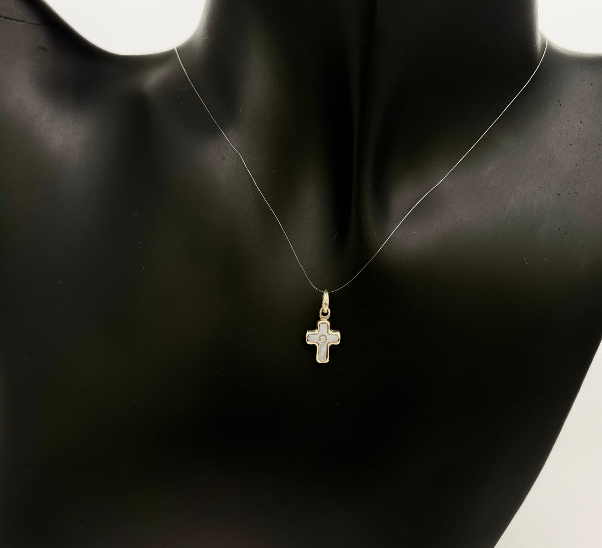 10K Yellow Gold Mother of Pearl Cross With Cubic Zirconia Charm