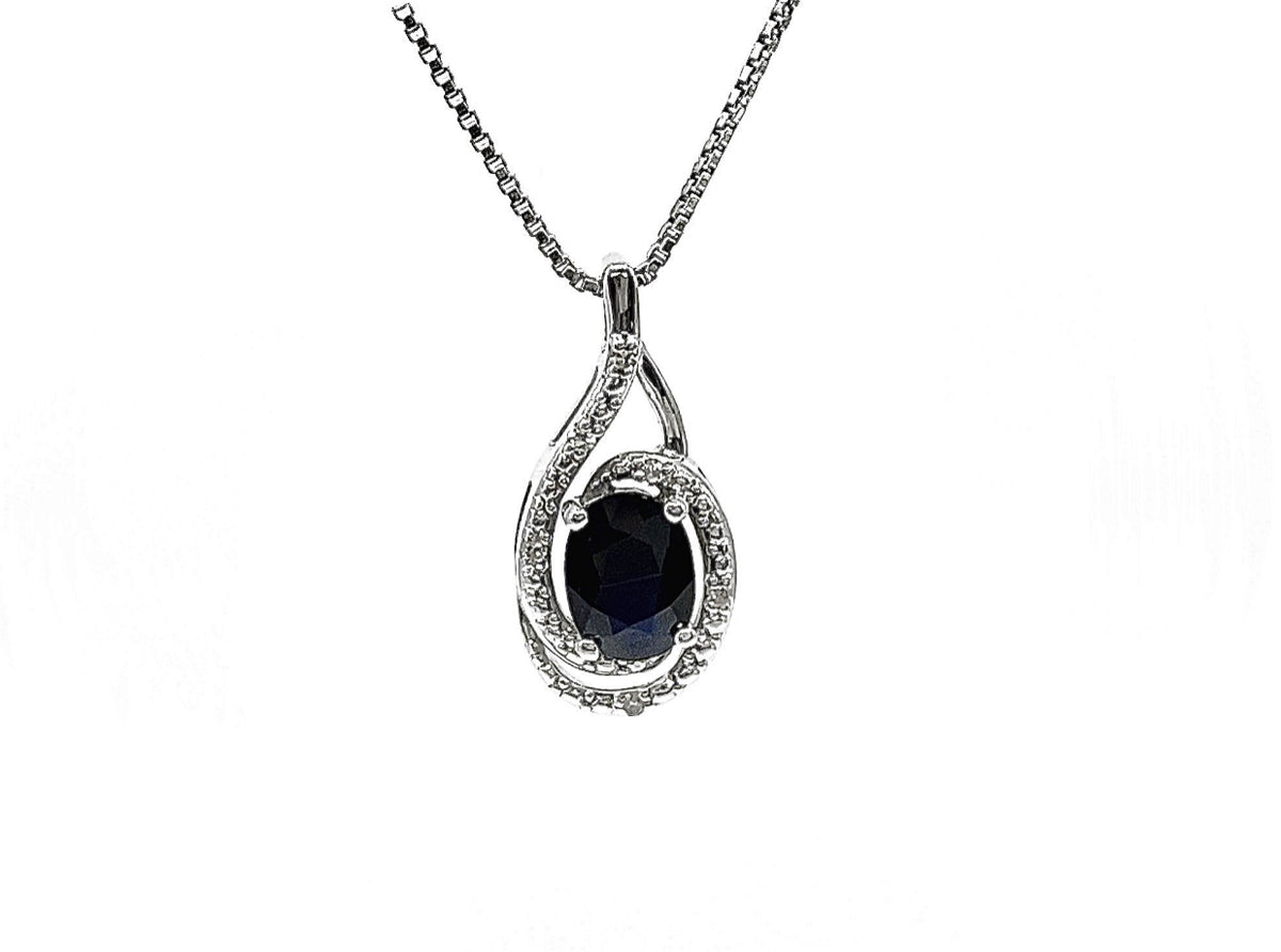 Silver Sapphire Oval  0.75cttw &amp; Diamond 0.03cttw Necklace 18&quot;