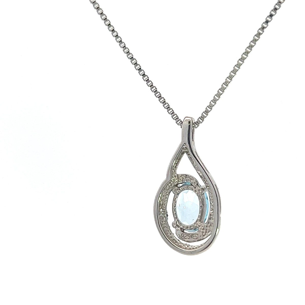 925 Sterling Silver 7 x 5mm Blue Topaz and 0.03cttw Diamond Necklace