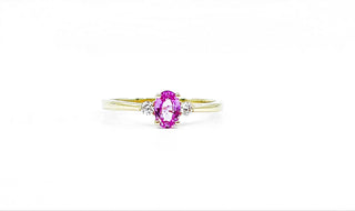 Anillo de oro amarillo de 14 quilates con zafiro rosa de 0,62 quilates y diamante canadiense de 0,08 quilates