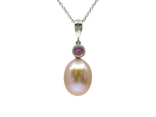 10K White Gold Fresh Water Pearl, Pink Sapphire & Diamond Pendant