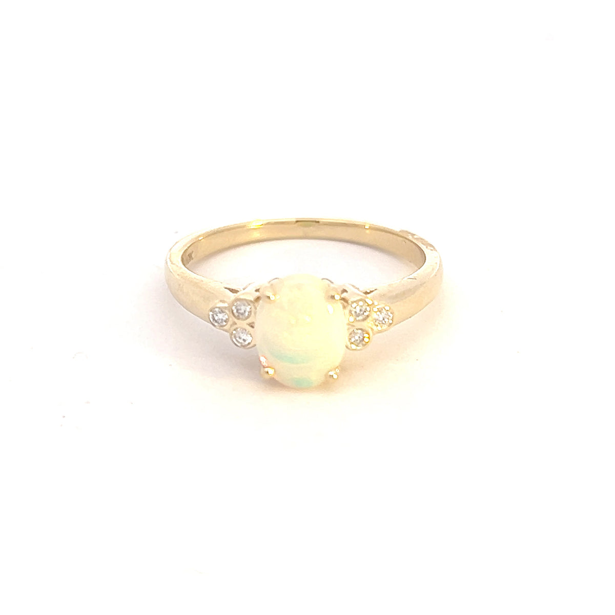 Anillo de oro amarillo de 10 quilates con ópalo y diamantes, tamaño 6,5