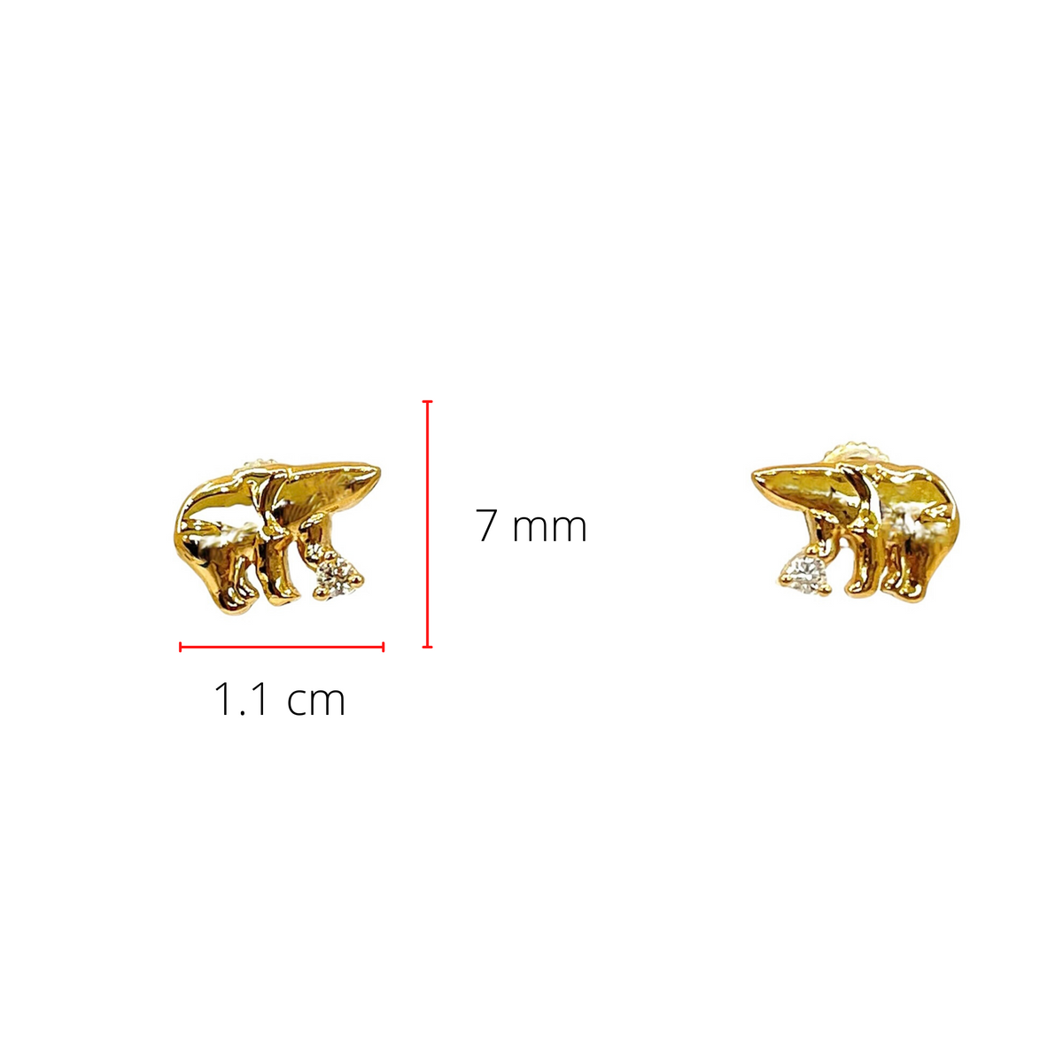Aretes de oso de hielo con diamantes de 0,06 quilates en oro amarillo de 14 quilates y parte posterior de mariposa - 11 mm x 7 mm