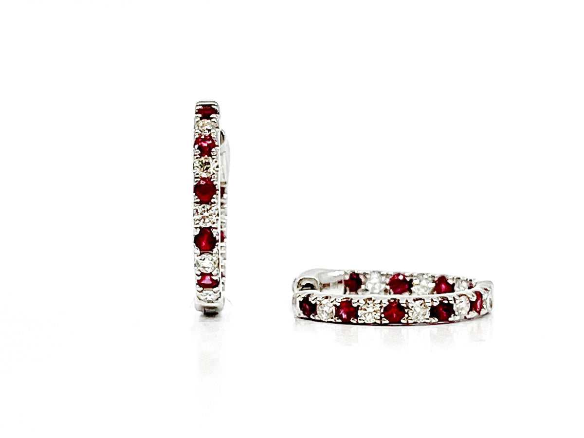 14K White Gold 0.39cttw Genuine Rubies and 0.25cttw Diamond Earrings - 15mm
