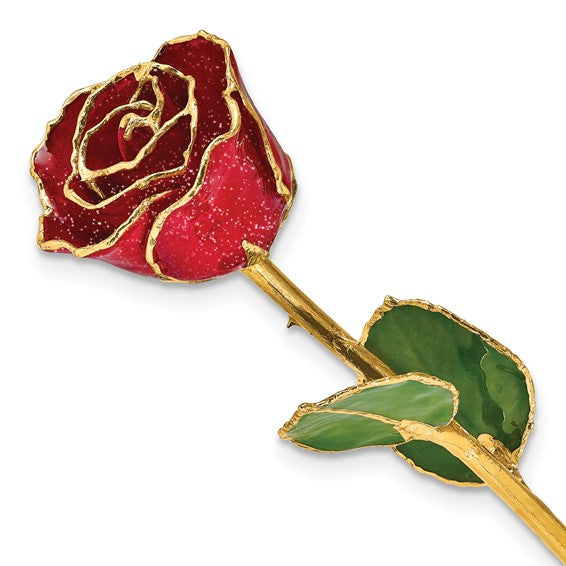 24K Red Lacquer Dipped Gold Trimmed with Glitter Real Rose