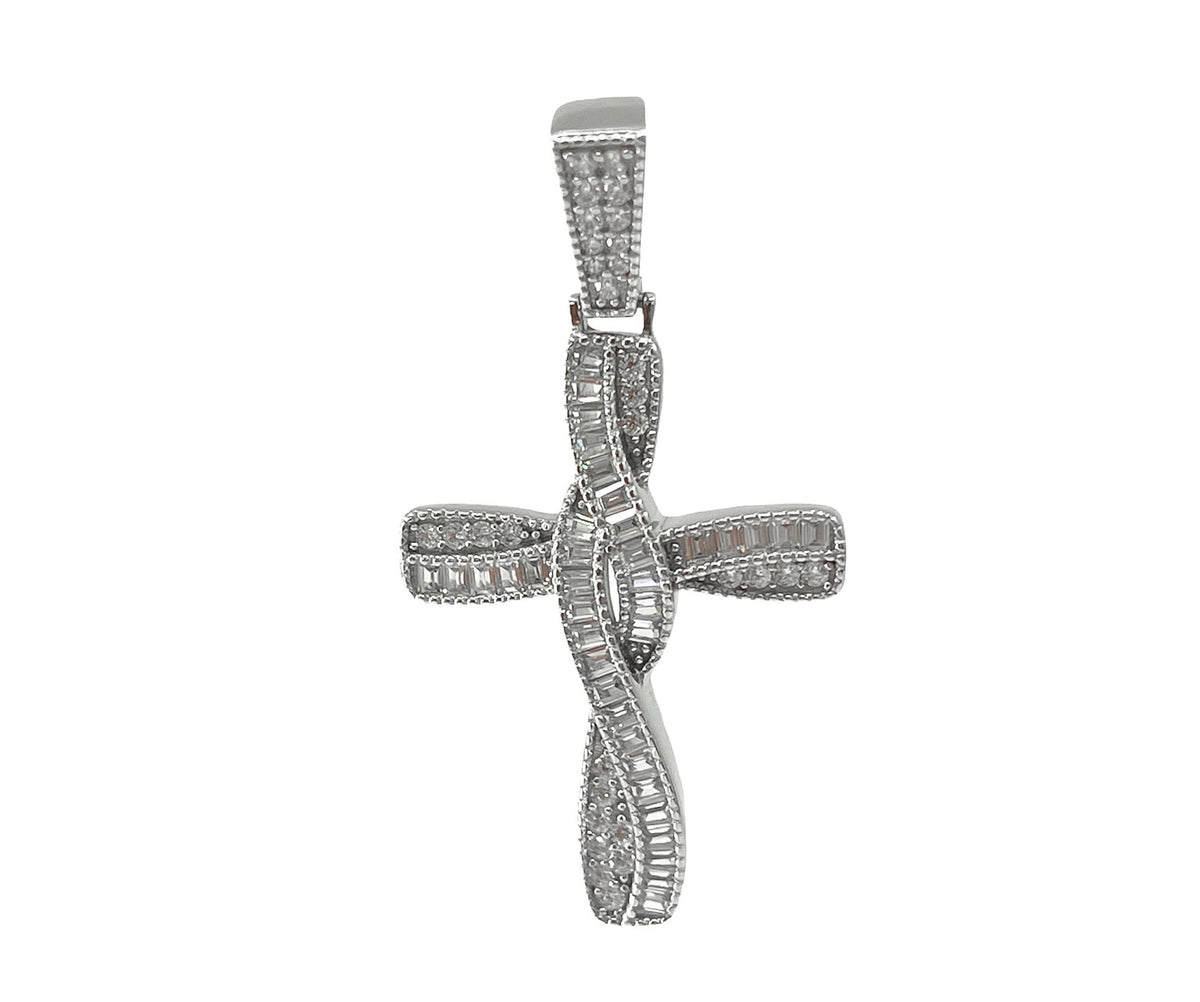 925 Sterling Silver Rhodium Plated Hip Hop Cross with Baguette Cubic Zirconia Cross Pendant - 50mm x 24mm