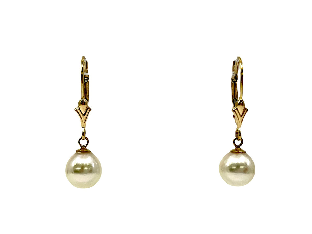 14K Yellow Gold 7-7.5mm Cultured Pearl Earrings with Lever Backs