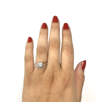Anillo de diamantes y topacio azul de oro rosa de 10 quilates, talla 6,5