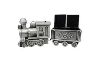 Hucha de peltre grabable con forma de tren con primer rizo y vagones de tren con primer diente