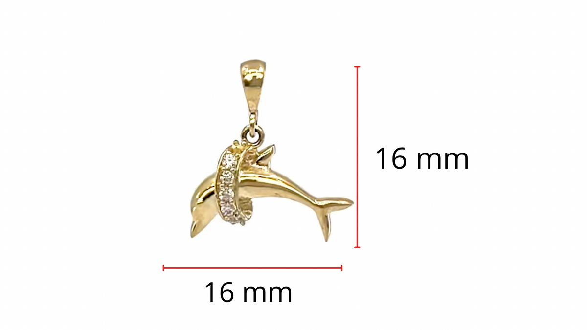 Dije de circonita cúbica con forma de delfín en oro amarillo de 10 quilates, 19 mm x 16 mm