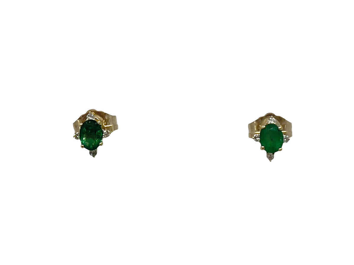10K Yellow Gold 0.30cttw (4x3mm) Emerald &amp; 0.04cttw Diamond Earring
